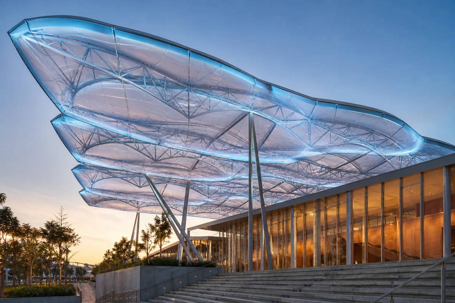 Luminous multi-layer ETFE air cushion roof over a contemporary civic pavilion at golden hour