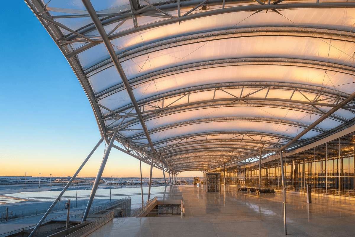 Long-span translucent ETFE roof over a vast airport concourse