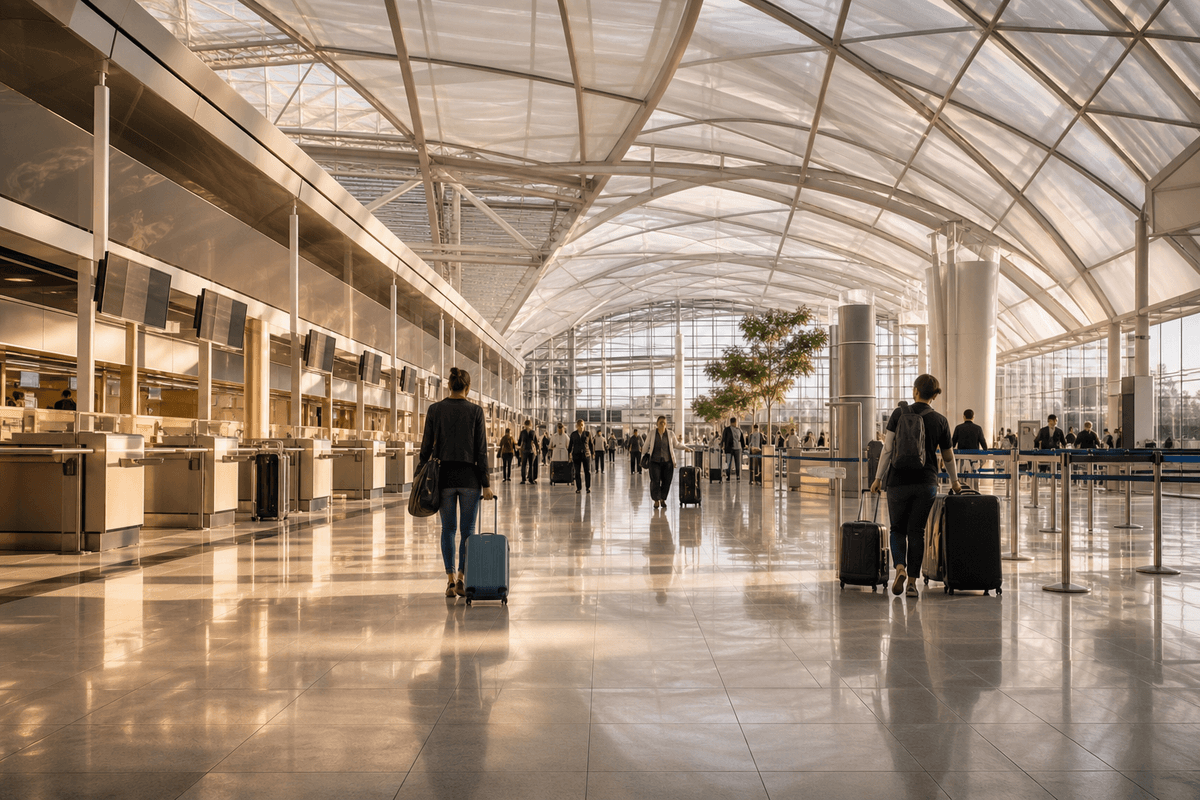 Natural daylight washing an airport check-in hall through an ETFE roof