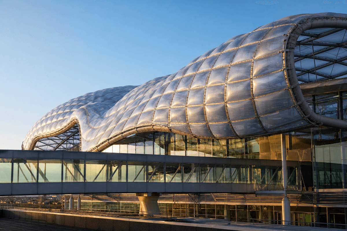Freeform curved ETFE cushion field on an airport terminal roof