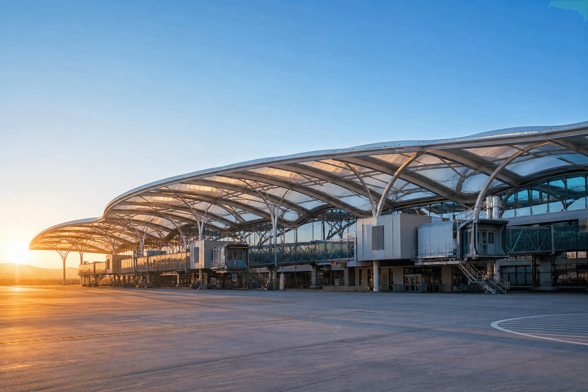 Exterior silhouette of a modern airport terminal ETFE roof