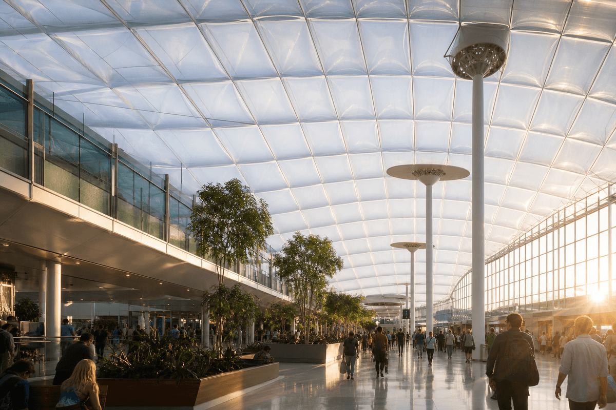 Airport interior looking up at a daylit ETFE cushion roof