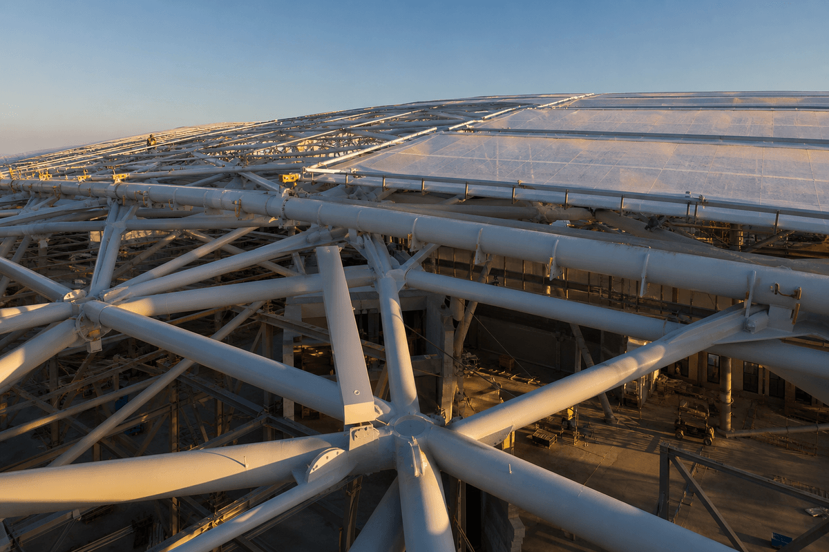Primary steel roof grid prepared for airport ETFE cushions