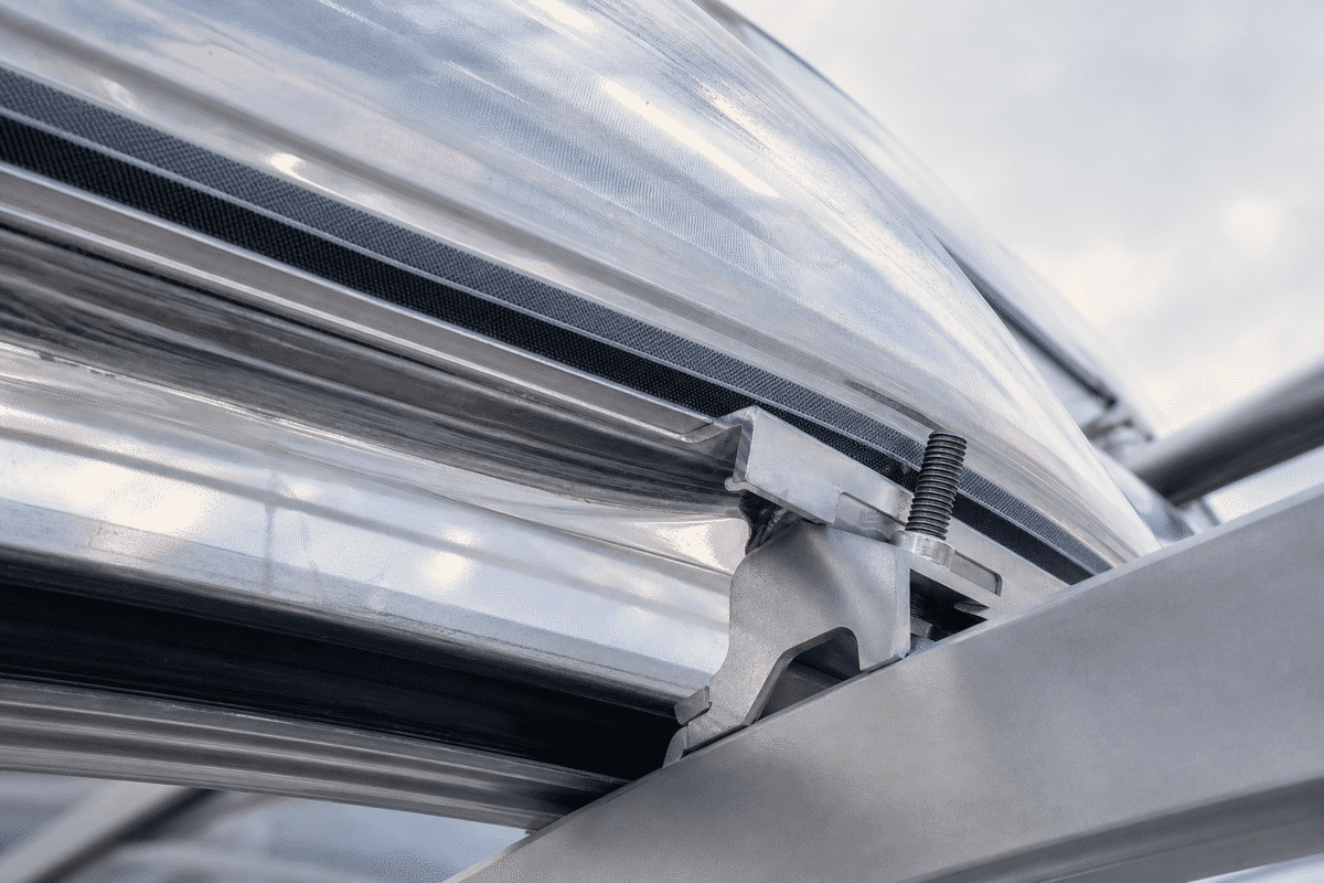 Detail of multi-layer translucent ETFE air cushion assembly