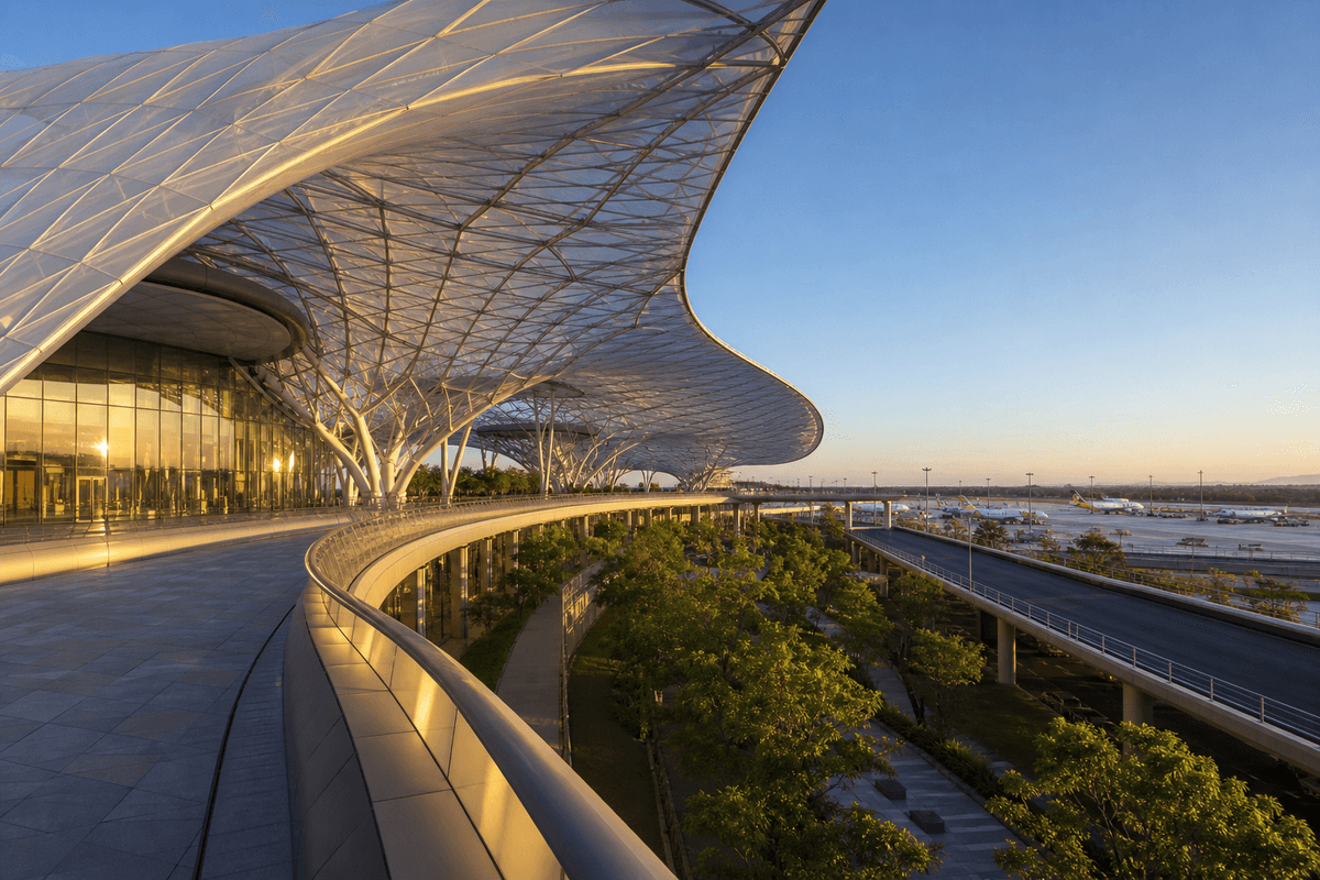 Completed airport terminal with finished ETFE roof envelope