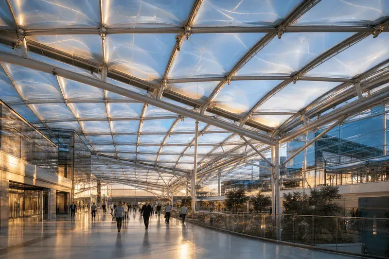 Wide translucent ETFE airport terminal roof glowing at dusk over a modern concourse — Airport ETFE Roofing systems