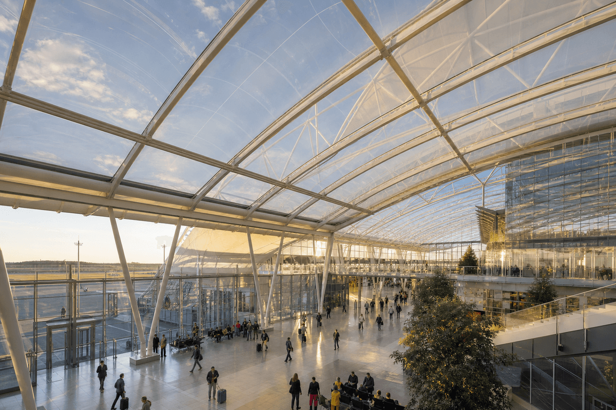 Daylit international airport terminal under a translucent ETFE air cushion roof