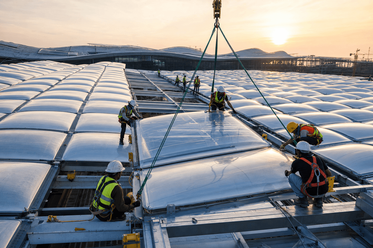 Construction crew installing ETFE cushion modules on an airport roof grid