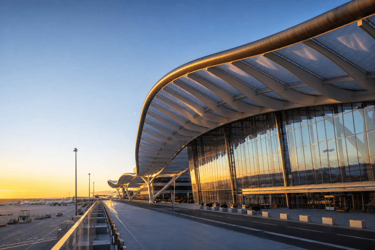 Completed international airport terminal with translucent ETFE roof
