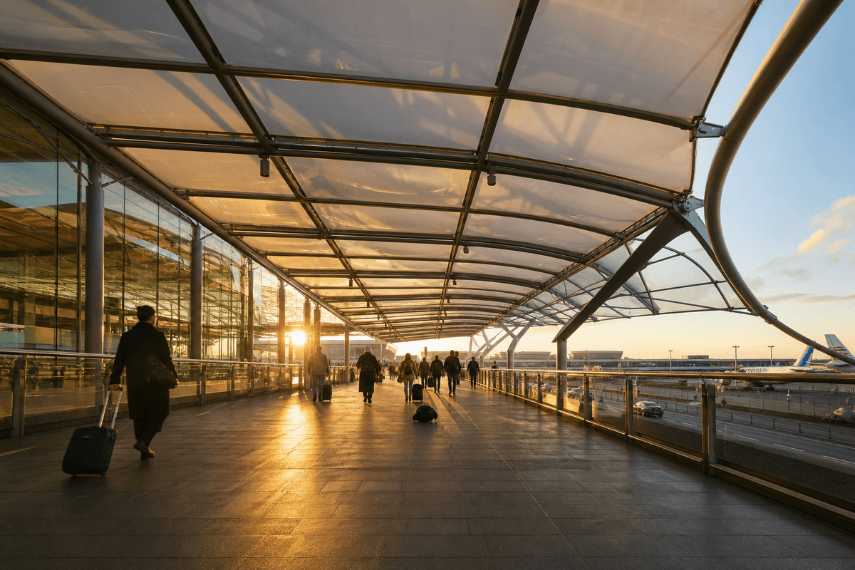 ETFE canopy sheltering an airport entrance walkway