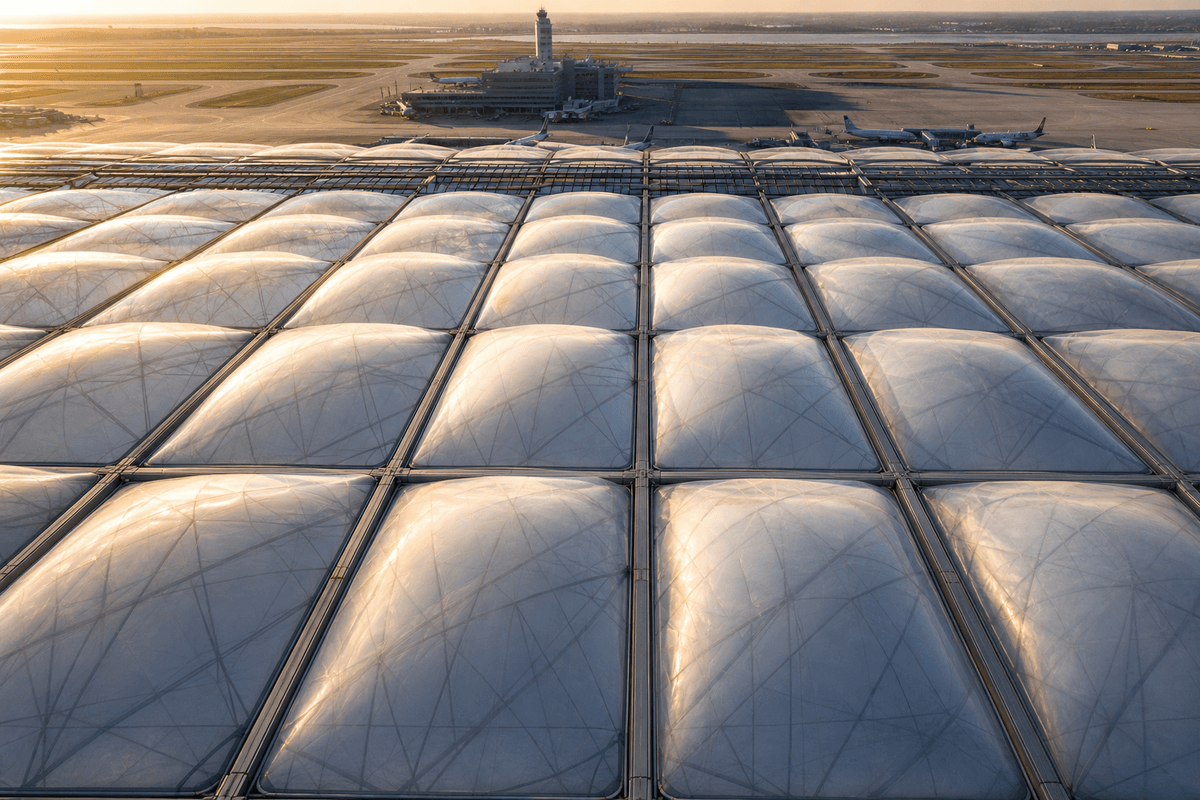 Multi-layer ETFE air cushion roof modules on airport steel grid