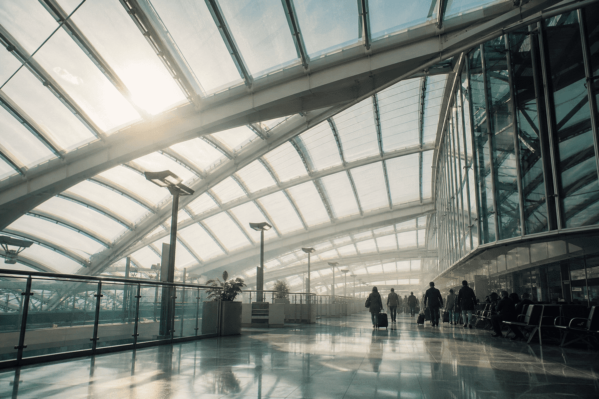Still of daylight moving across a translucent ETFE airport canopy