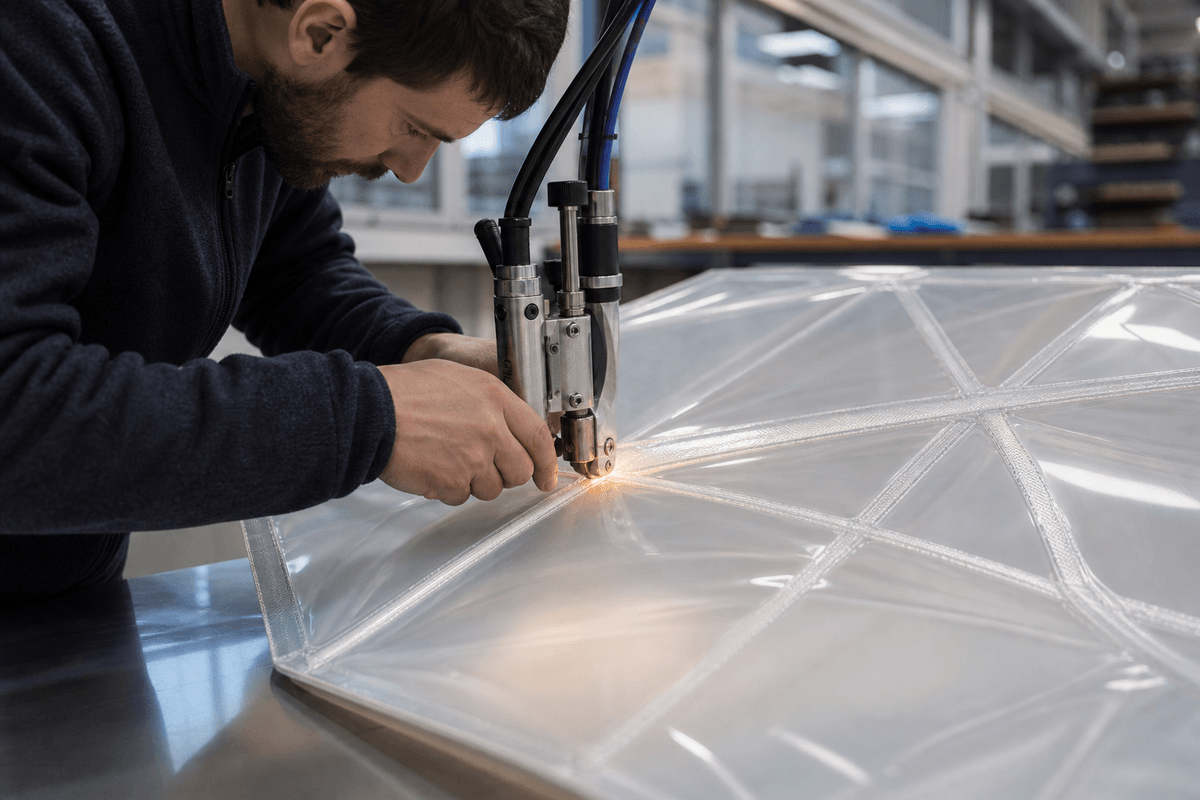 Still of precision welding and fabrication of ETFE film modules