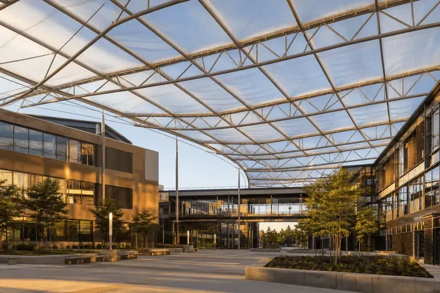 Long-span translucent ETFE roof over a college campus atrium — College Campus ETFE Roofing systems