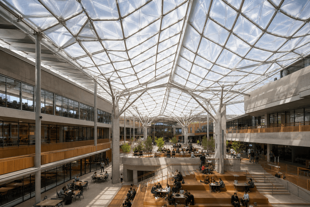 Natural daylight washing a college campus atrium through an ETFE roof