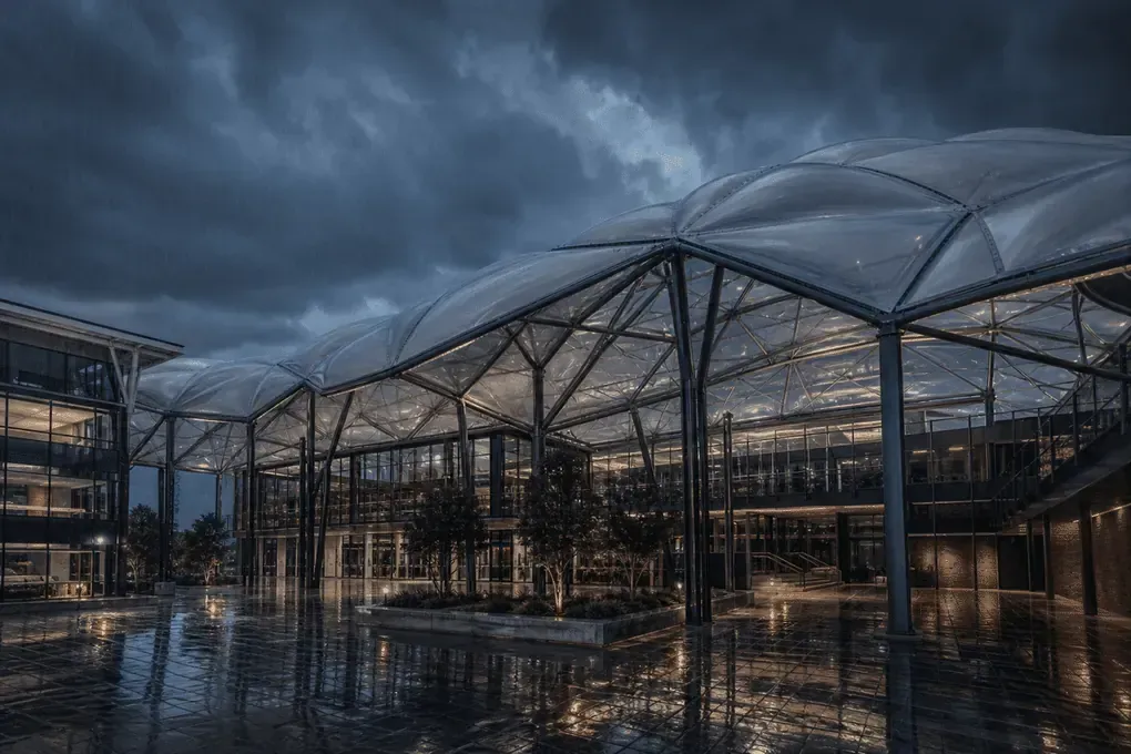 ETFE roof on a college campus atrium under dramatic storm lighting and rain — College Campus ETFE Roofing systems