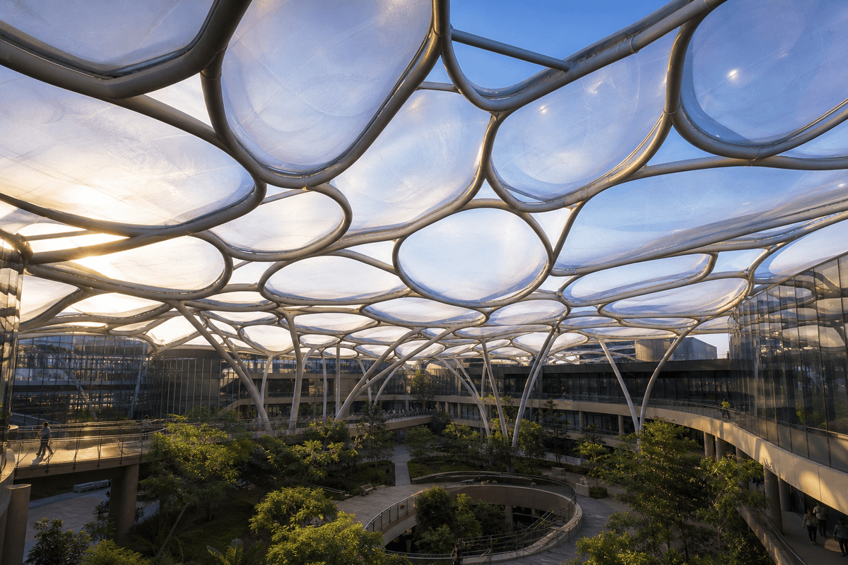 Freeform curved ETFE cushion field on a college campus atrium