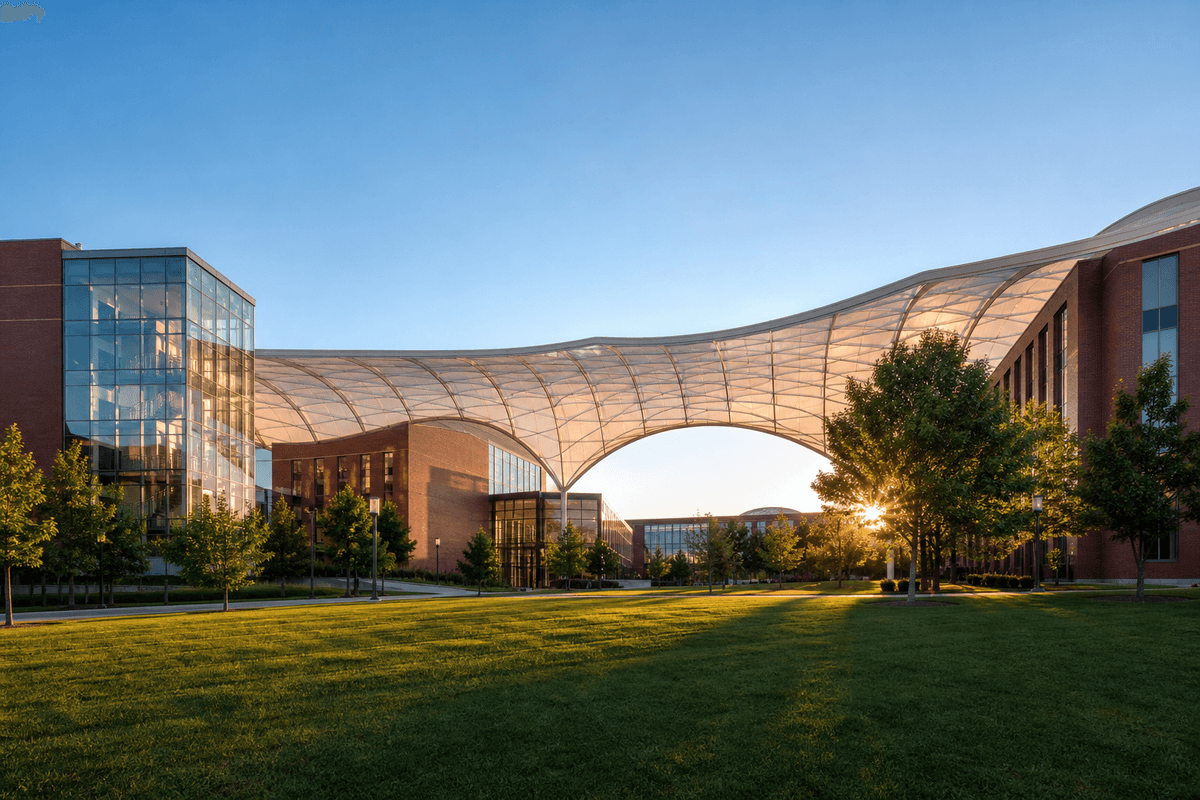 Exterior of a modern college campus with ETFE roof
