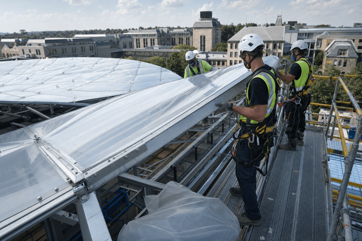 Construction crew installing ETFE modules on roof grid