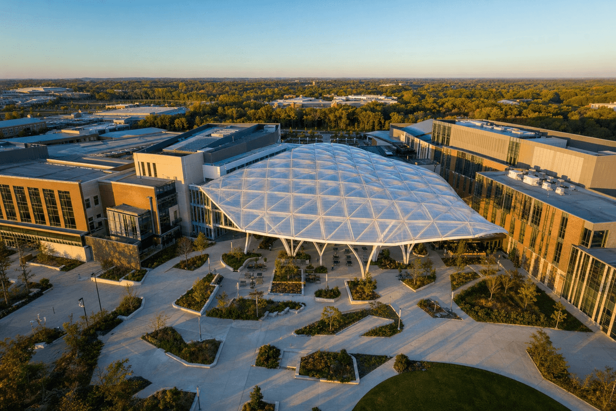 Completed building with translucent ETFE roof from above