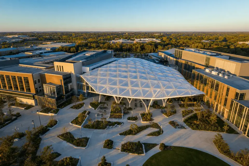 Completed building with translucent ETFE roof from above — College Campus ETFE Roofing systems