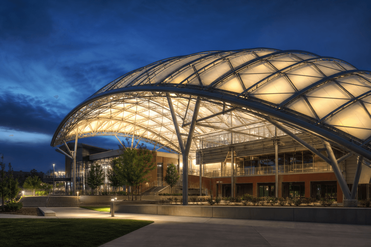 ETFE roof glowing softly at night
