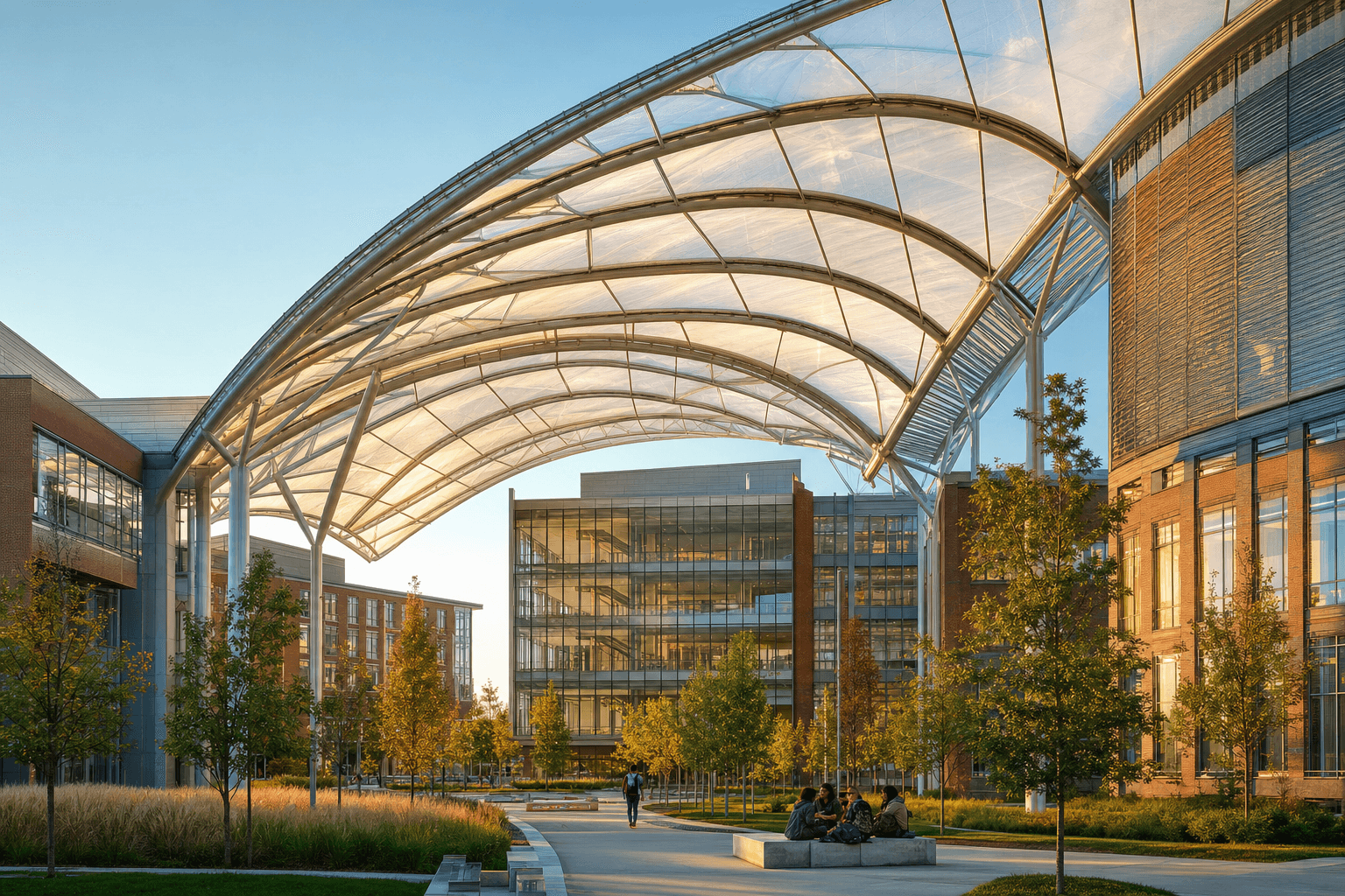 Modern modern college campus with translucent ETFE atrium roof