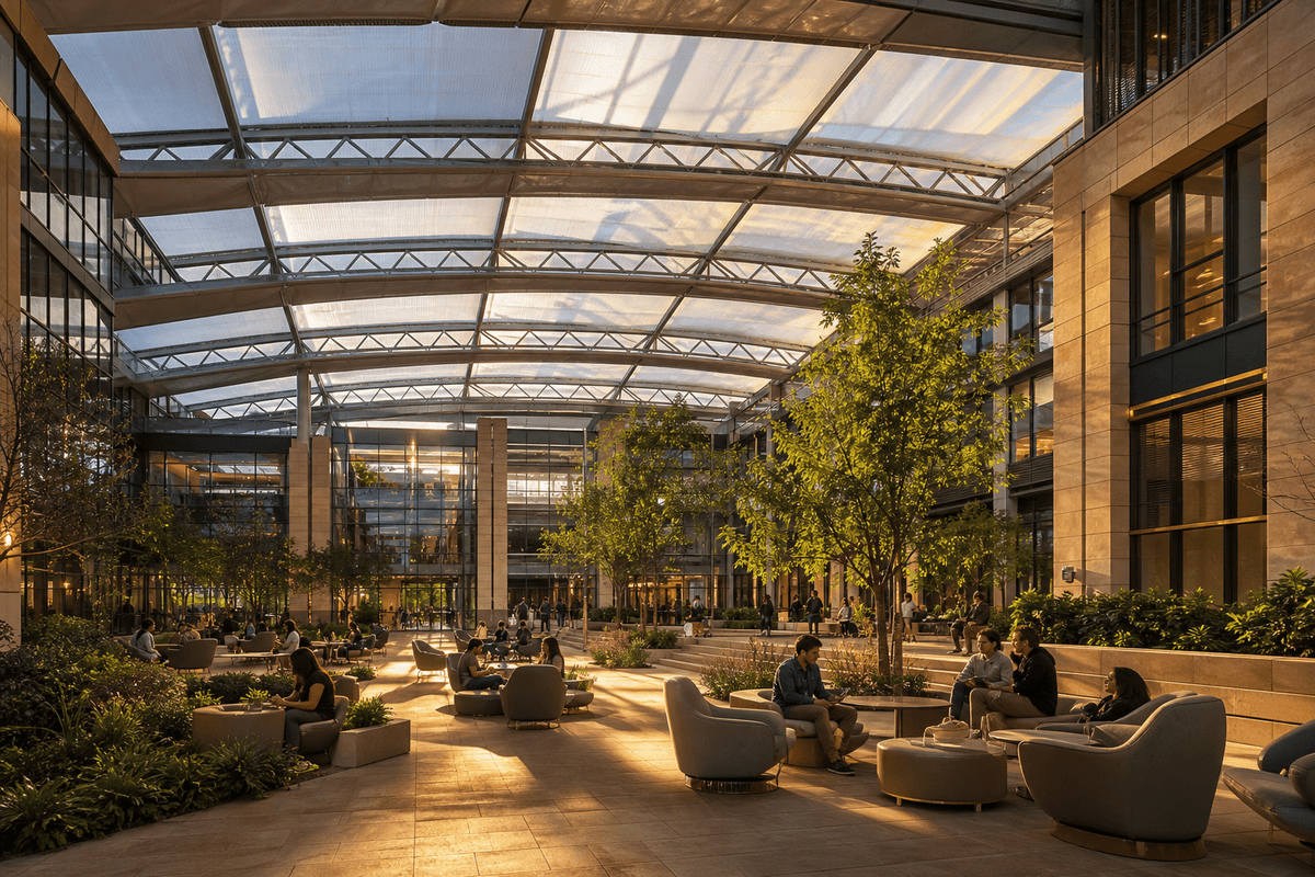 Daylit modern college campus with translucent ETFE atrium roof