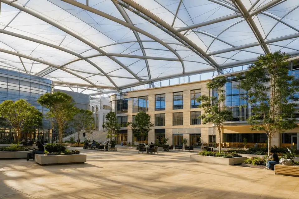 Completed college atrium with translucent ETFE roof — College Campus ETFE Roofing