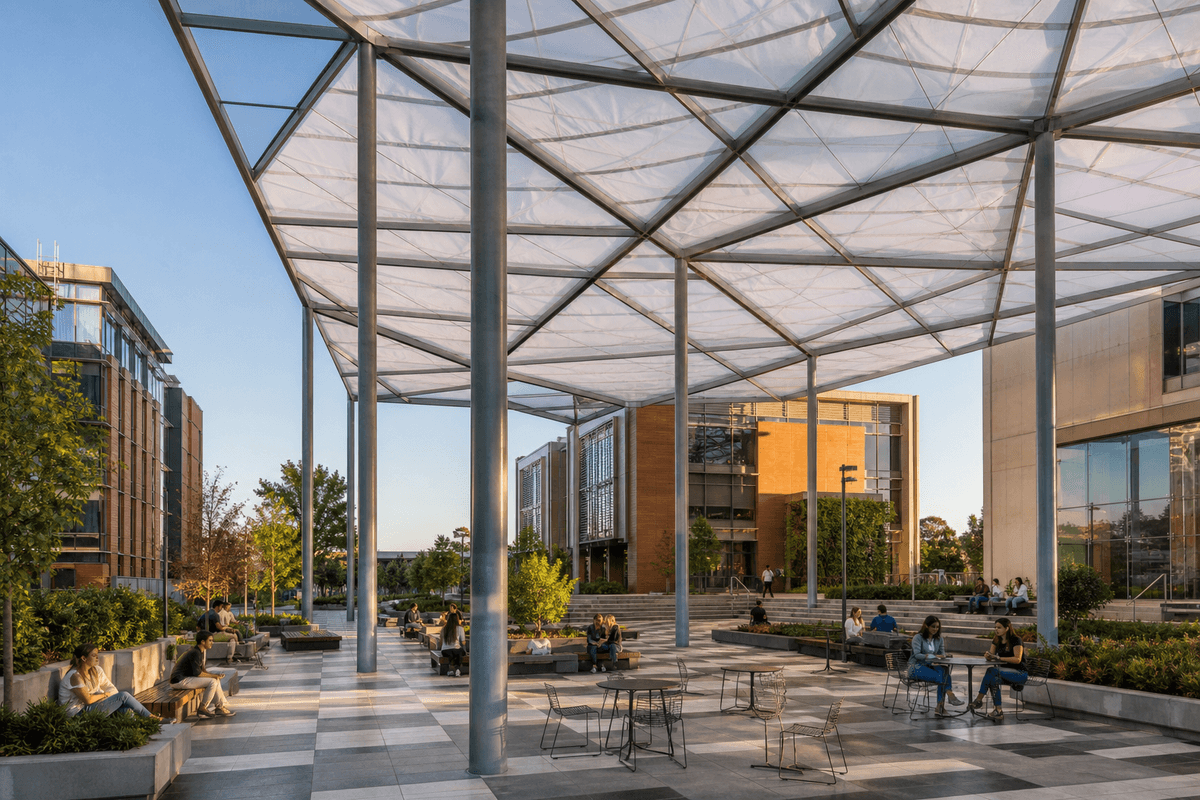 College campus plaza with sweeping ETFE canopy