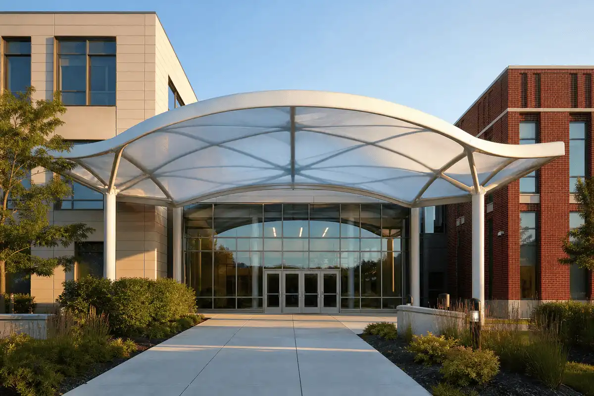 College campus entrance with elegant ETFE canopy — College Campus ETFE Roofing