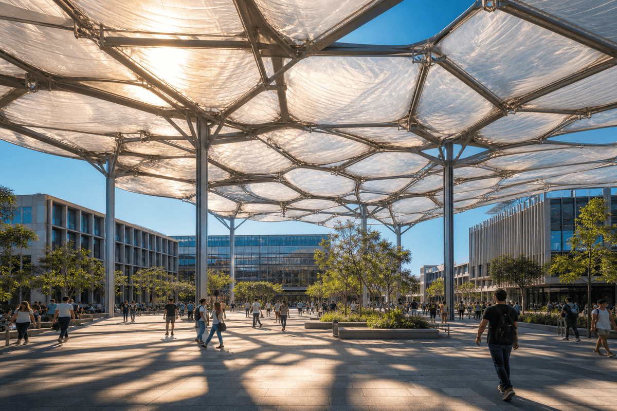 Still of daylight moving across a translucent ETFE college canopy