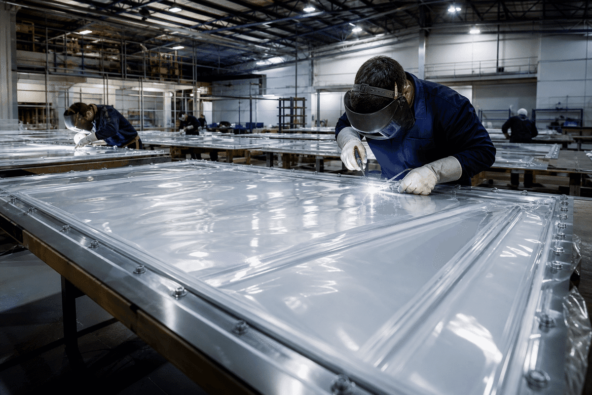 Still of precision welding and fabrication of ETFE film modules