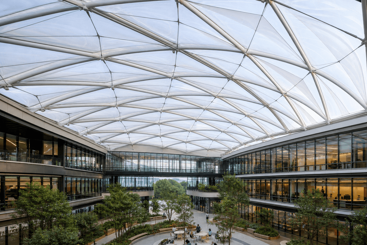 Long-span translucent ETFE roof on a commercial building