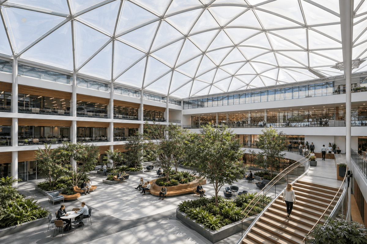 Natural daylight washing a commercial atrium through an ETFE roof