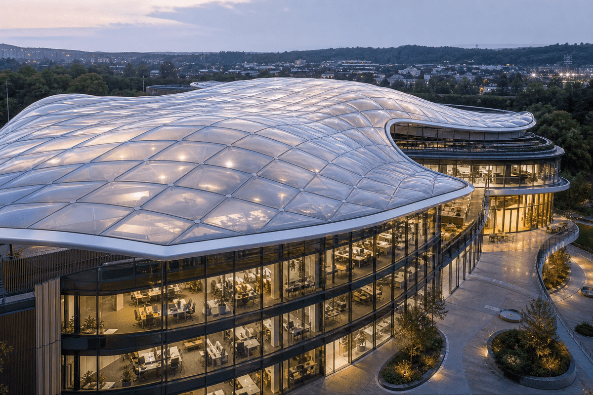 Freeform curved ETFE cushion field on a commercial building