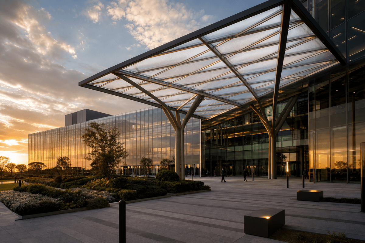 Exterior silhouette of a modern commercial building ETFE roof