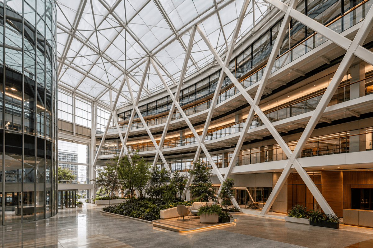 Commercial interior looking up at a daylit ETFE cushion roof