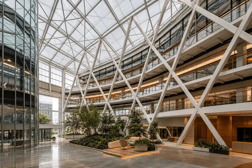 Commercial interior looking up at a daylit ETFE cushion roof — Commercial Building ETFE Roofing systems