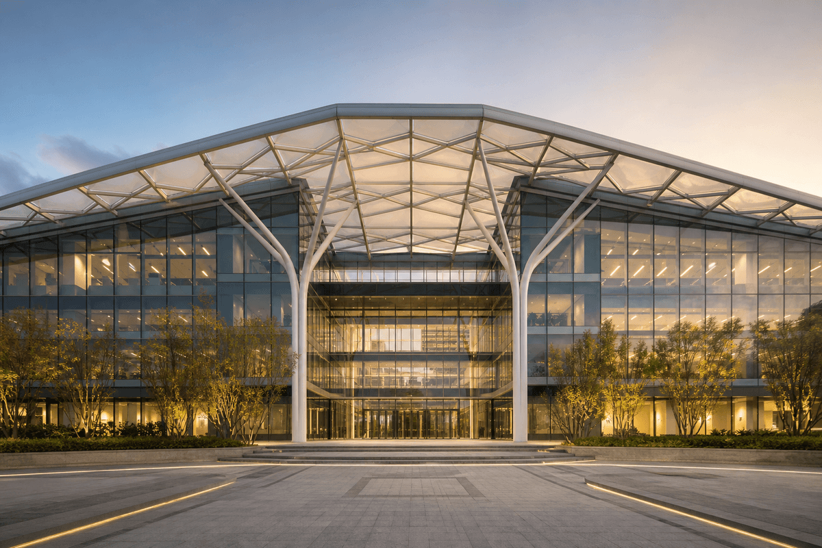 Completed commercial building with finished ETFE envelope