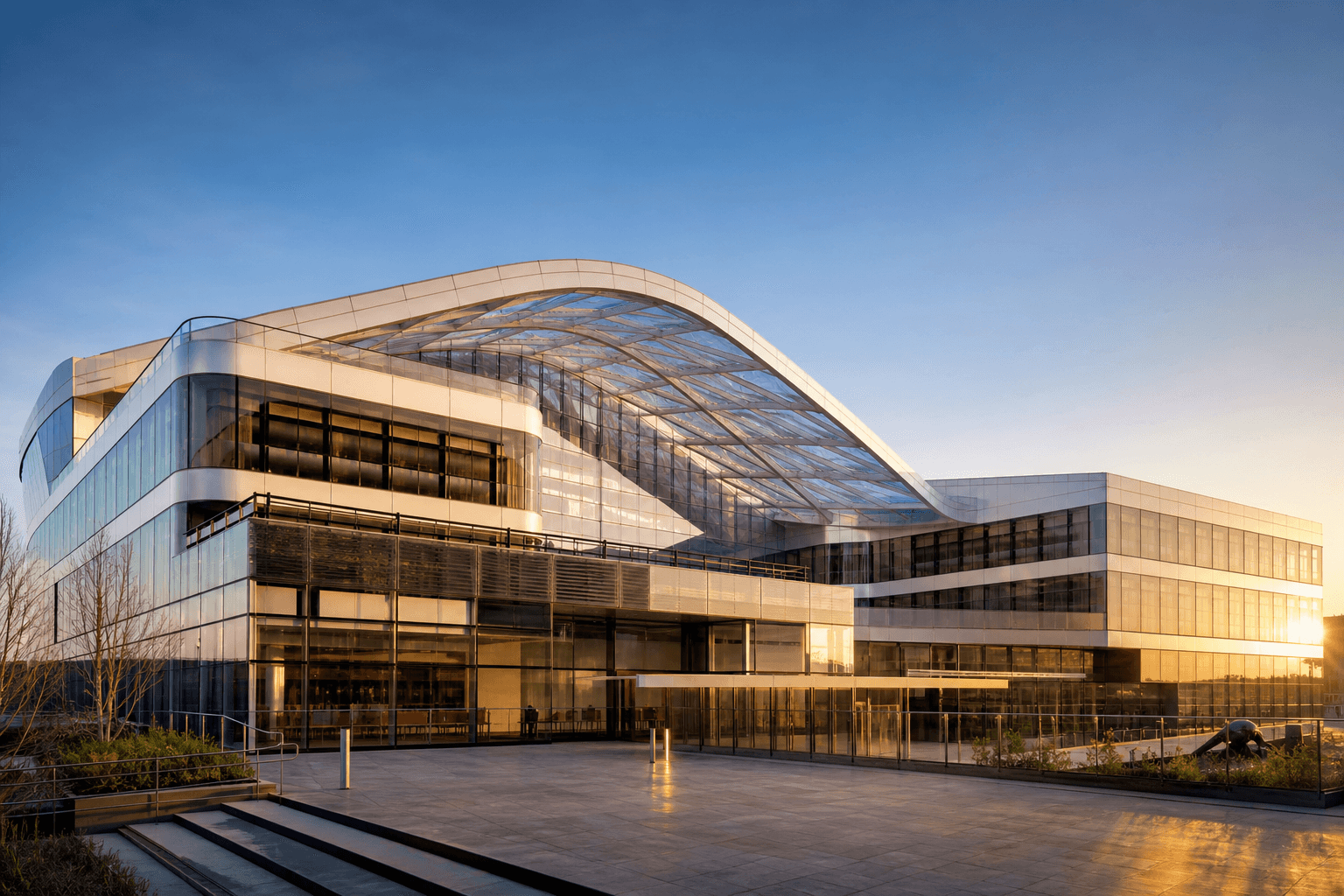 Modern commercial building with translucent ETFE roof and façade daylight
