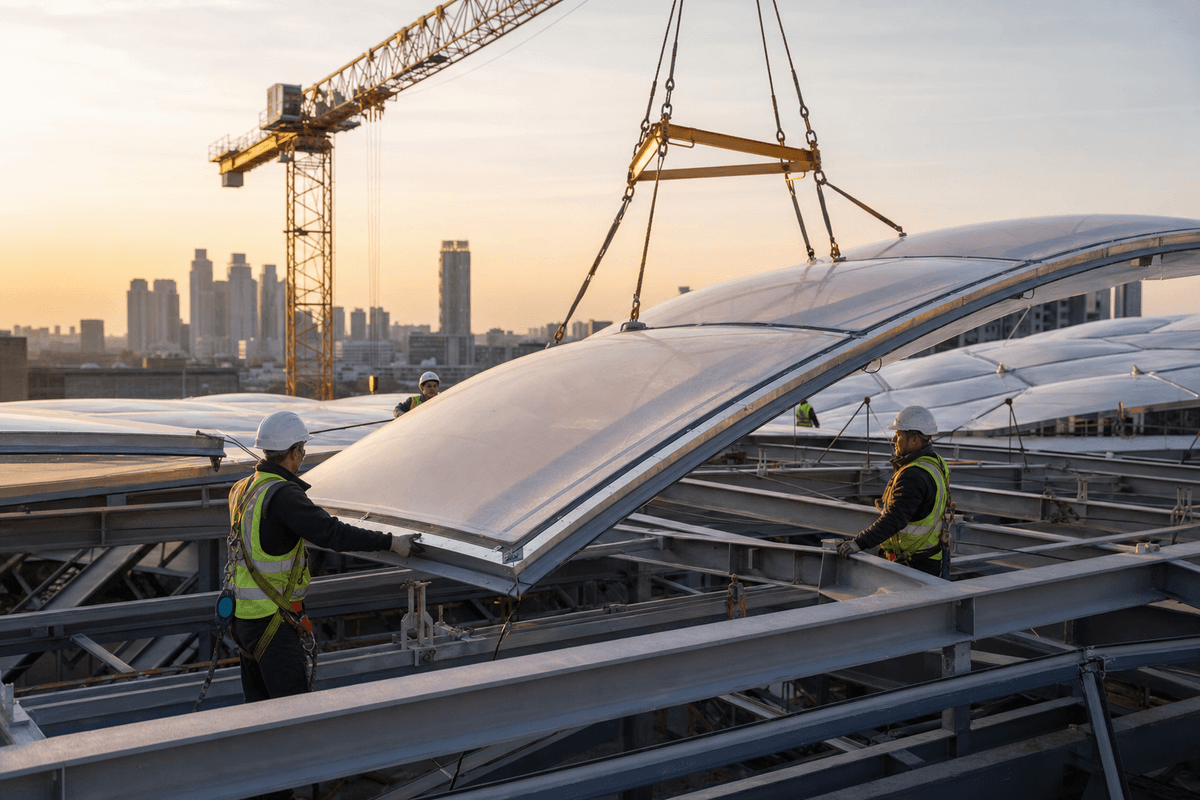 Construction crew installing ETFE cushion modules on a commercial building roof grid