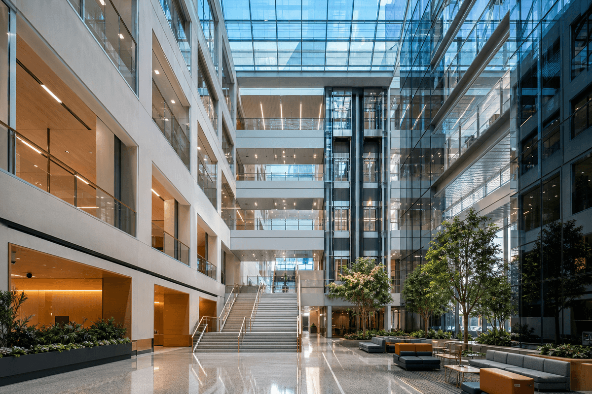 Completed commercial building with translucent ETFE atrium roof