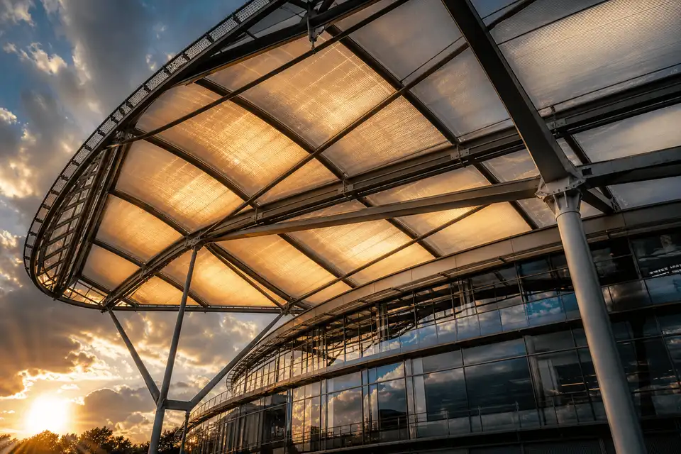 Still of multi-layer ETFE air cushion installation on a long-span commercial building roof