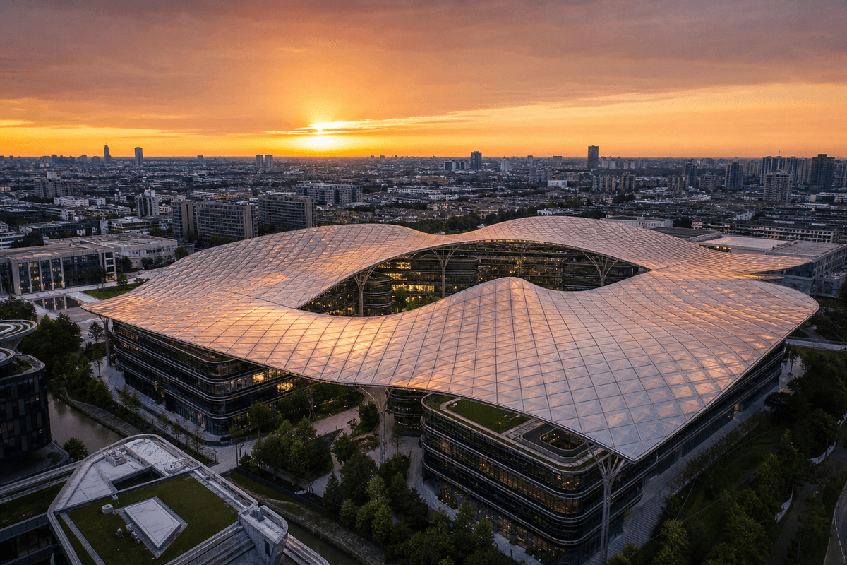 Still of daylight moving across a translucent ETFE commercial building canopy