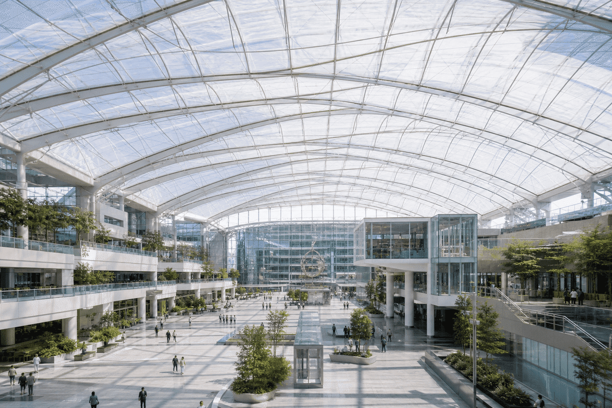Long-span translucent ETFE roof over a corporate headquarters atrium