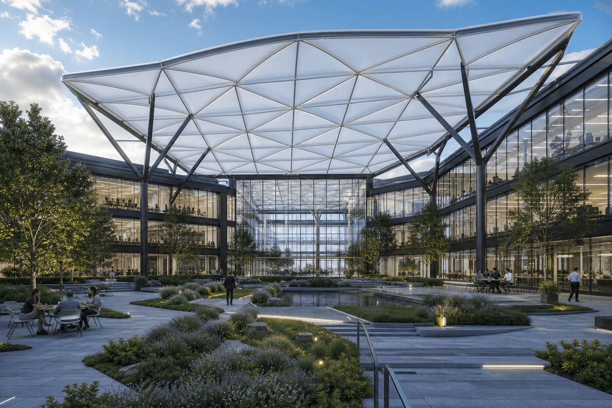 ETFE corporate headquarters roof under storm lighting and rain