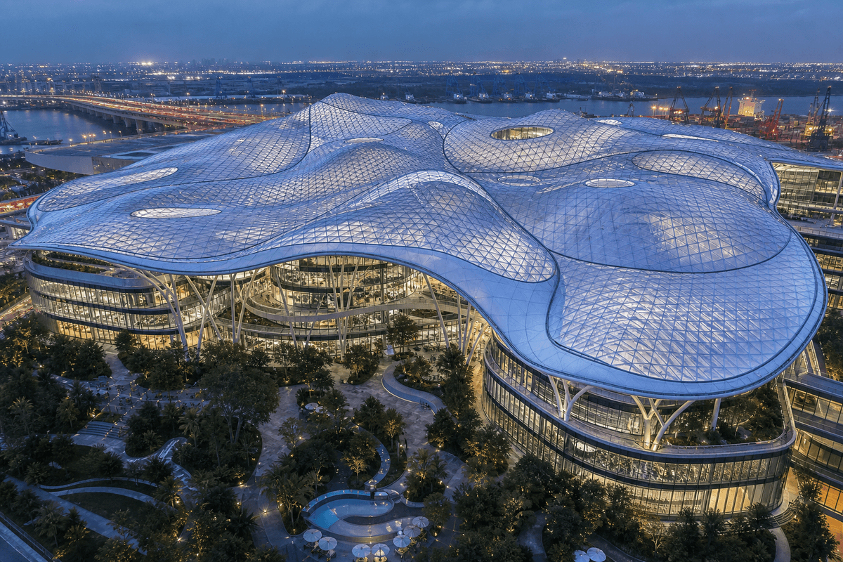 Freeform curved ETFE cushion field on a corporate campus