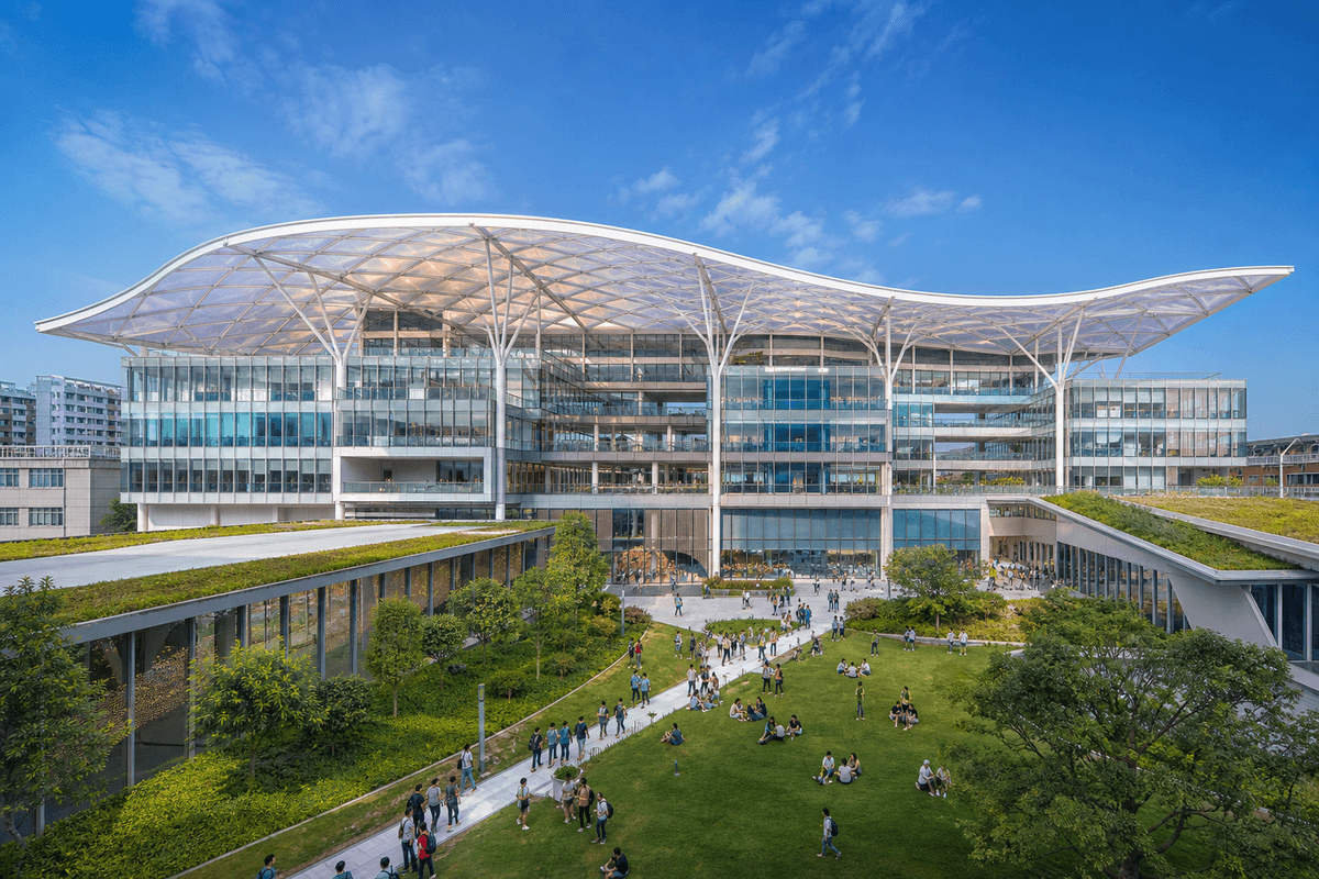 Exterior silhouette of a modern corporate headquarters ETFE roof