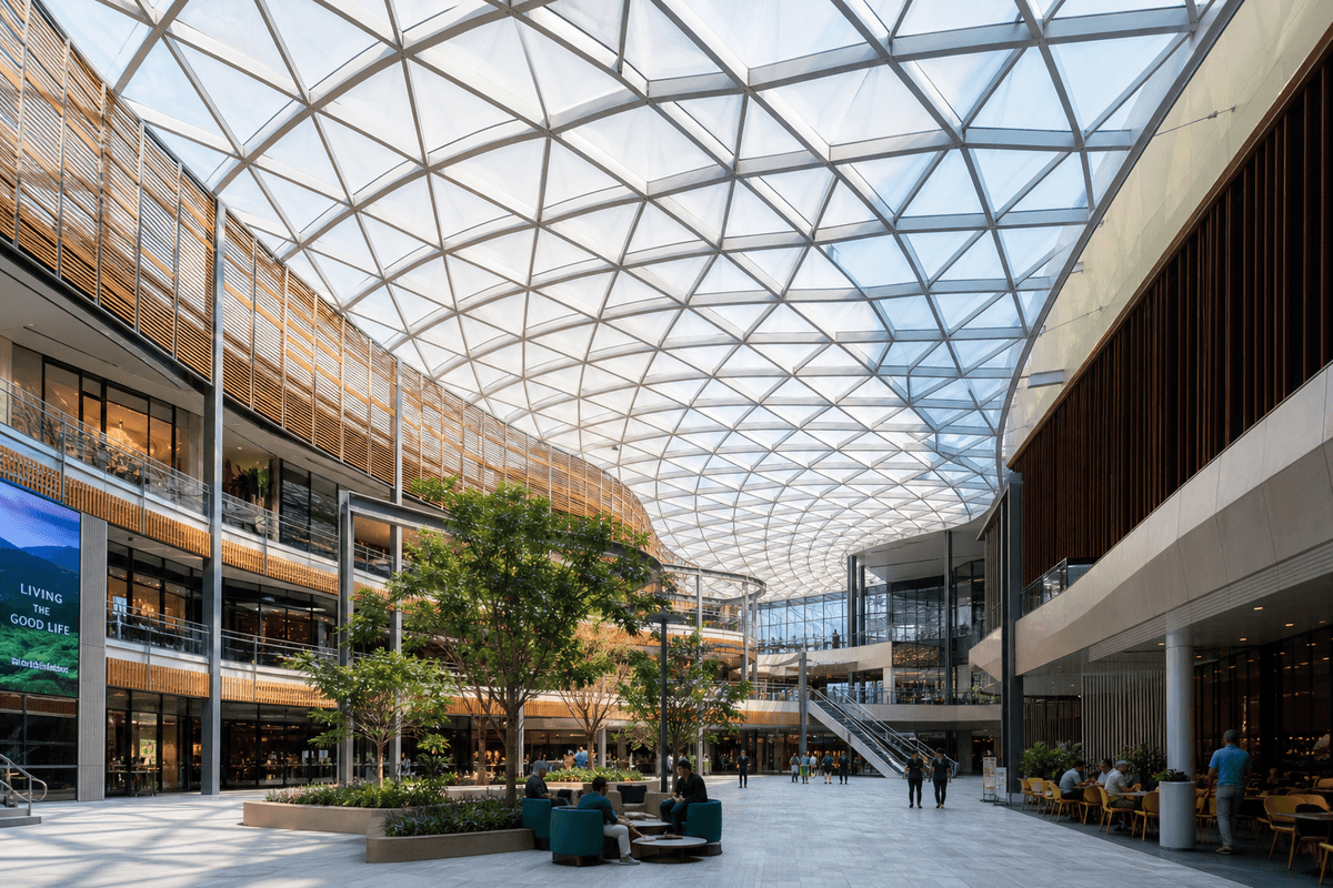 Corporate interior looking up at a daylit ETFE cushion roof